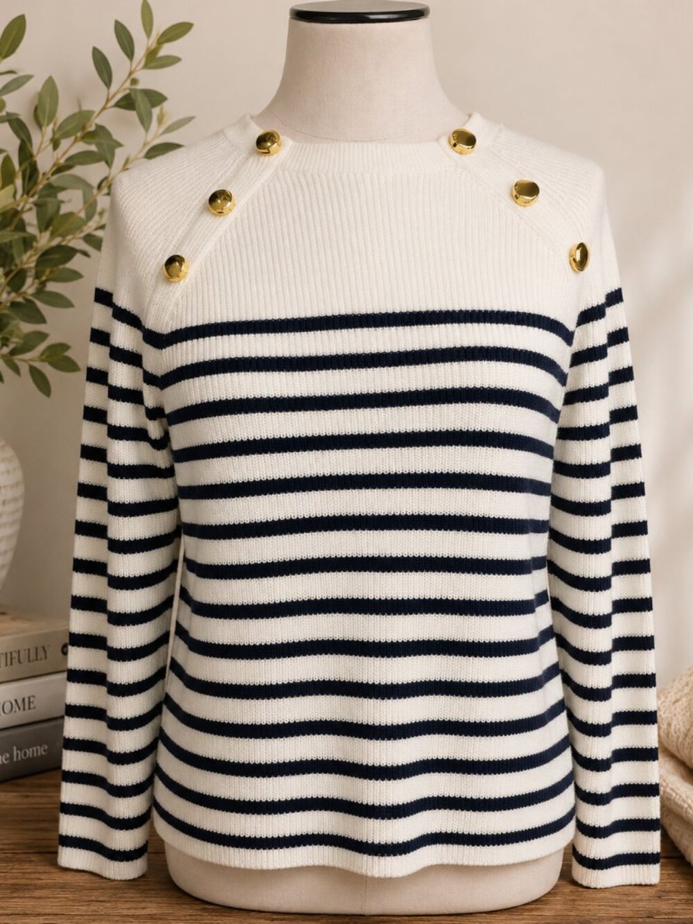 Talbots Petite Pima Cotton Nautical Stripe Sweater Gold Button Shoulder MP
